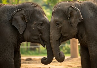 Fototapeta premium Two Asian Elephants Gently Touching Trunks in a Zoo. Generative Ai