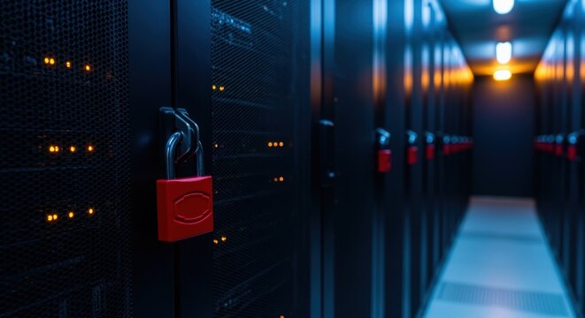 Red Padlock Securing Server Room Door: Data Protection, Cybersecurity Concept in a Datacenter Environment