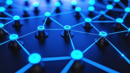 Connected nodes with neon-blue lines on dark surface, shallow depth of field