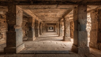 Fototapeta premium Ancient Stone Pillar Hallway: Architectural Heritage with Historic Column Perspective and Stone Floor