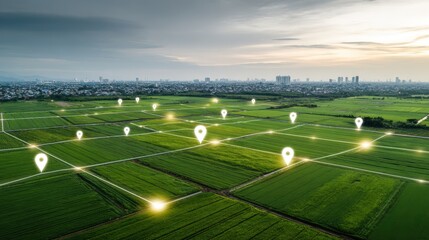 Green Agricultural Land Parcel with Location Markers, Representing Real Estate, Development, and Smart Farming Technology