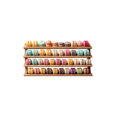 Naklejka premium Bakery shelf filled with colorful macarons in assorted flavors and decorative display on white background