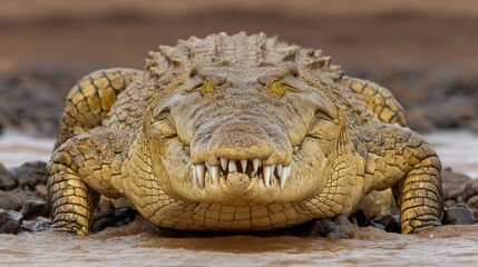 Obraz premium Close up of a crocodile showcasing its sharp teeth and textured scales while lounging by the riverbank in the wild habitat during midday