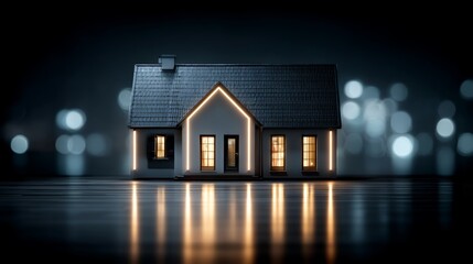 Modern house with illuminated windows and doors at night, reflecting on a wet surface with city lights in the background