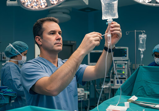Surgeon prepares iv drip in operating room with medical team