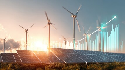 Sustainable Energy Growth: Solar Panels and Wind Turbines with Rising Financial Graph at Sunset
