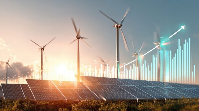Sustainable Energy Growth: Solar Panels and Wind Turbines with Rising Financial Graph at Sunset