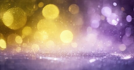 Abstract background features golden, purple bokeh. Glittering light creates dreamy, festive atmosphere. Soft focus, blurred effect.