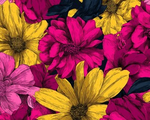 Colorful floral pattern with vivid blossoms in shades of pink