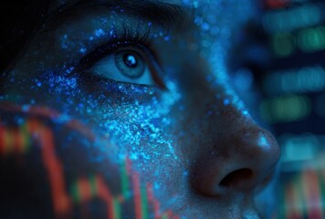 Naklejka premium A close-up portrait of a person's eye and face, illuminated with glowing blue particles, suggesting a futuristic or digital concept.