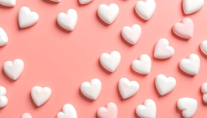White heart candies on pink background.