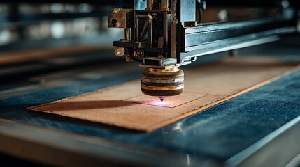 Laser engraving machine cutting through leather with precision in a modern workshop setting for crafting professionals .