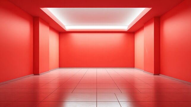 Red Empty Room Interior with Bright Ceiling Lighting - Minimalist Modern Design and Space