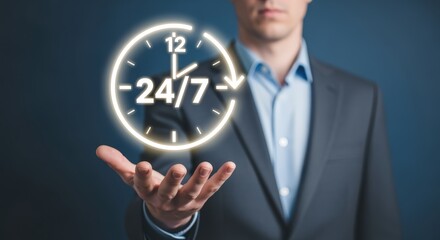 Businessman Presenting 24/7 Service Concept: Availability, Support, Open Hours, Customer Care, and Always On Business