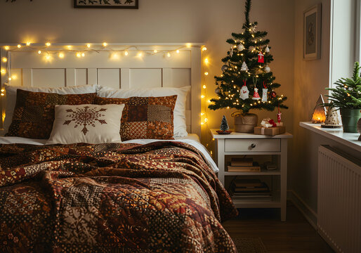 A cozy bedroom decorated for the holidays