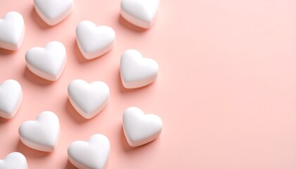 Fototapeta premium White heartshaped candies on pink background.