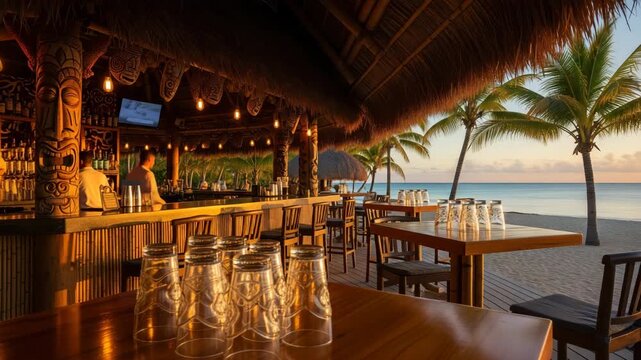 The camera slowly pans across an empty beach bar. The tropical sunset, palm trees and the quiet ocean create a relaxing atmosphere.