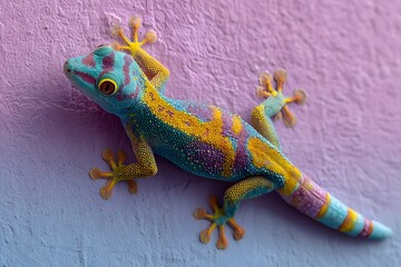 Naklejka premium Gecko with bright colors - copy space on pastel wall. 