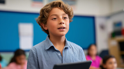 A student recites a poem in class while teacher films performance