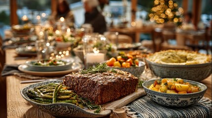 Festive holiday dinner table with roasted beef, vegetables, mashed potatoes, and sustainable dishes in a cozy setting with candles and Christmas lights