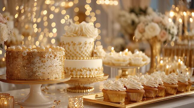 Elegant Gold And White Wedding Cakes And Cupcakes On Dessert Table