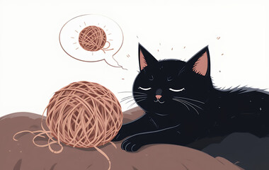 Cute black cat with closed eyes dreaming about a ball of yarn while resting on a cozy blanket isolated on a white background