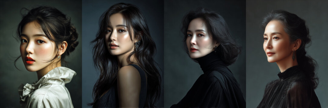 한국 여성 연예인의 연령별 변화(소녀, 성인, 중년, 노년)를 보여주는 얼굴 사진-A facial photo showing the age-related changes (girl, adult, middle-aged, and elderly) of a Korean female celebrity