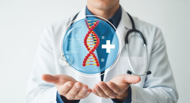 Doctor Presenting DNA Helix in Hands, Medical Innovation, Healthcare Technology and Genetic Engineering Concept