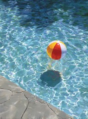 Obraz premium A colorful beach ball floats serenely in the clear, sparkling water of a swimming pool on a sunny summer day.