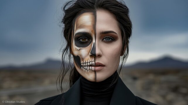 Portrait of a woman with half skull makeup on a desert road
