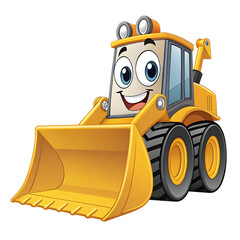Cute Cartoon Bulldozer Loader Character, Yellow Construction Machine with Big Bucket