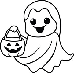 Charming cartoon ghost cheerfully floating and holding a festive pumpkin basket isolated on white background isolated on transparent background