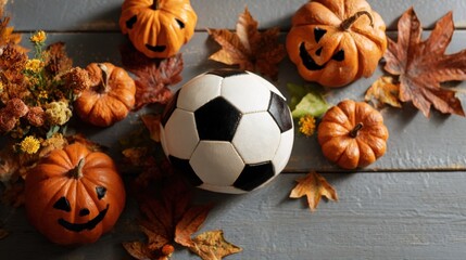 Halloween Soccer: Playful Autumn Still Life with Pumpkins, Leaves, and Soccer Ball on Wooden Surface
