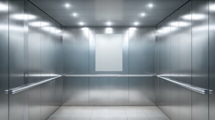 Fototapeta premium Elevator Interior Mockup with Blank Poster Space, Modern Metal Design, Commercial Building, and Bright Lighting