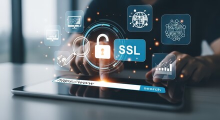 SSL Certificate Security on Tablet: Cybersecurity Concept with Padlock, Data Encryption and Digital Protection
