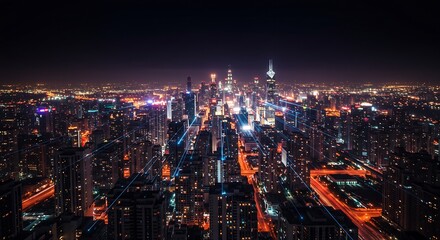 Obraz premium The powerful and serene beauty of a big city at night, with its illuminated skyline reaching towards a dark, expansive sky