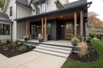 Obraz premium Charming modern house exterior with elegant porch, lush garden, and inviting entrance during autumn in a suburban neighborhood