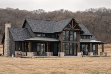 Modern farmhouse design highlights expansive windows that invite natural light inside, exuding rustic charm while being beautifully nestled in nature on a cloudy day