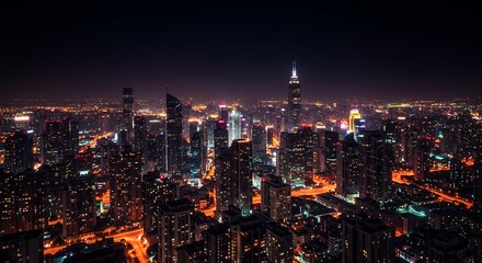 Obraz premium A wide-angle shot of a city's glowing heart at night, with buildings and roads creating a beautiful and complex pattern of light