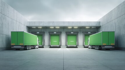 Obraz premium Green Delivery Trucks Parked at Loading Docks for Logistics and Distribution Services Under an Overcast Sky