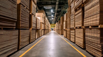 Neatly stacked cardboard Box Sheets in a large industrial storage area showcasing organized layout .