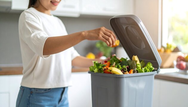 Woman composting food waste in kitchen. - Powered by Adobe