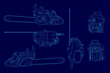 A detailed blueprint of a chainsaw on a blue background highlights the wireframe structure and mechanical components. The technical drawing showcases the engine, blade, and handle with precision.