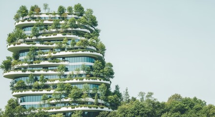 Obraz premium Green Building Exterior with Trees and Plants on Balconies Promoting Sustainable Urban Living