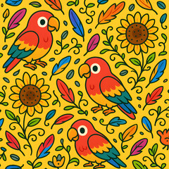 Obraz premium Cheerful Colorful Parrot Seamless Pattern with Sunflower and Feathers