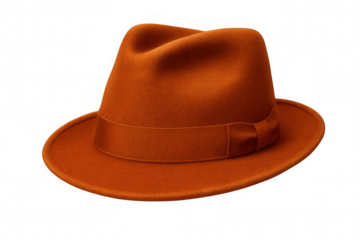 Classic orange fedora hat featuring a matching ribbon, isolated on a transparent background, perfect for fashion and accessory projects