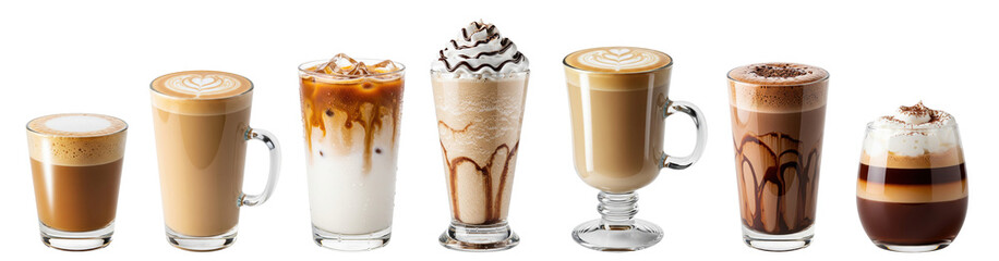coffee drinks assortment, a collection of cortado, flat white, iced latte, frappuccino, cappuccino, mocha, bicerin
