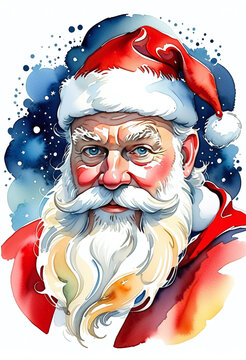 Vibrant watercolor painting of Santa Claus, depicting his cheerful face and iconic red hat. The background is a dreamy mix of blue and white, with subtle splashes of color.