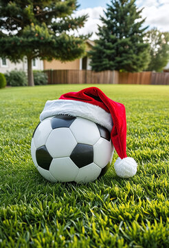 A soccer ball with a red Santa hat rests on a vibrant green grass field. The background shows a suburban backyard with a fence and trees.