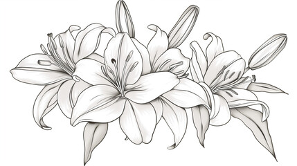 Obraz premium Black contour of lily flowers. Vector illustration. Vector black contour of lily flowers isolated on a white background. 